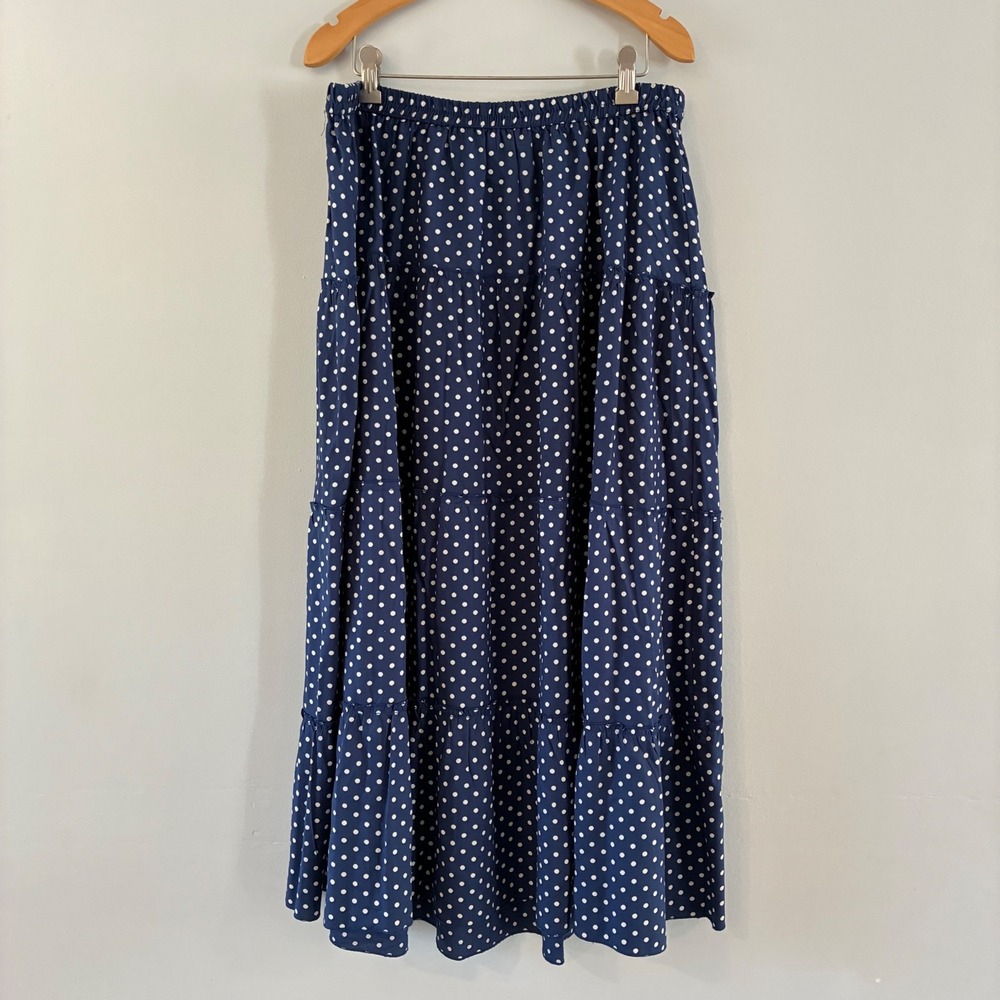 Cathy Daniels Skirt 1X Blue Polka Dot Tiered Maxi Elastic Waist Cottage Pinup